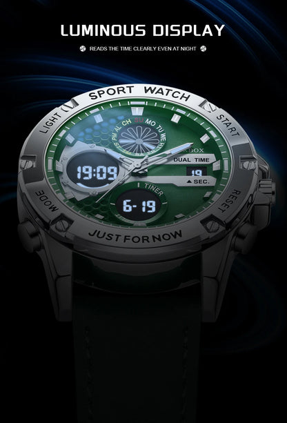 LIGE Men’s Outdoor Sport Watch – Leather Strap, Dual Digital Display, Waterproof & Luminous