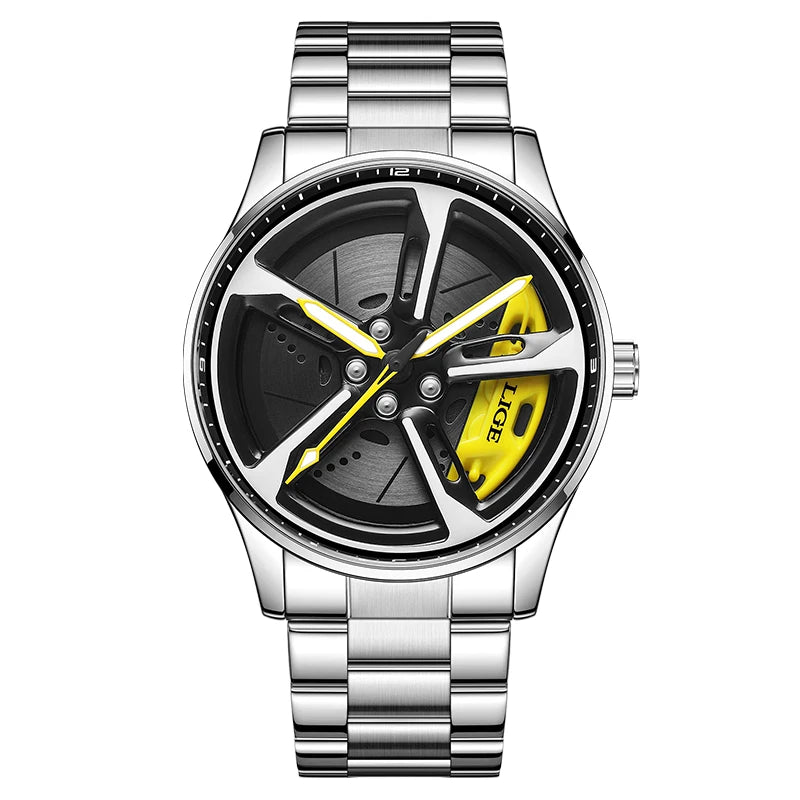 LIGE New Sports 3d Xiaomi Car Wheel Watch Fashionable Rotating Dial Stainless Steel Strap Waterproof Quartz Watches reloj hombre