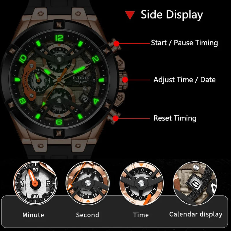 LIGE Military Sports Edition — a rugged and stylish men's quartz chronograph designed for adventure, precision, and everyday wear.