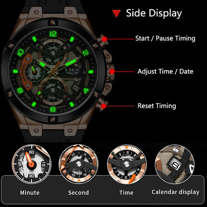LIGE Military Sports Edition — a rugged and stylish men's quartz chronograph designed for adventure, precision, and everyday wear.