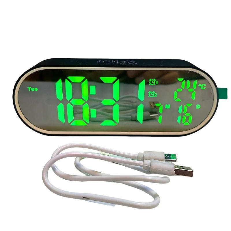 Rechargeable Digital Alarm Clock TEMP Date Week 2 Alarms Night Mode Snooze 12/24H Anti-disturb Voice Control LED Mirror Clock