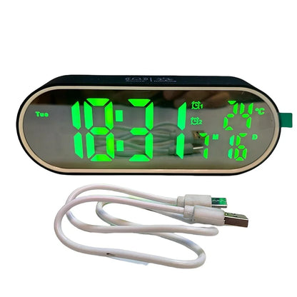 Rechargeable Digital Alarm Clock TEMP Date Week 2 Alarms Night Mode Snooze 12/24H Anti-disturb Voice Control LED Mirror Clock