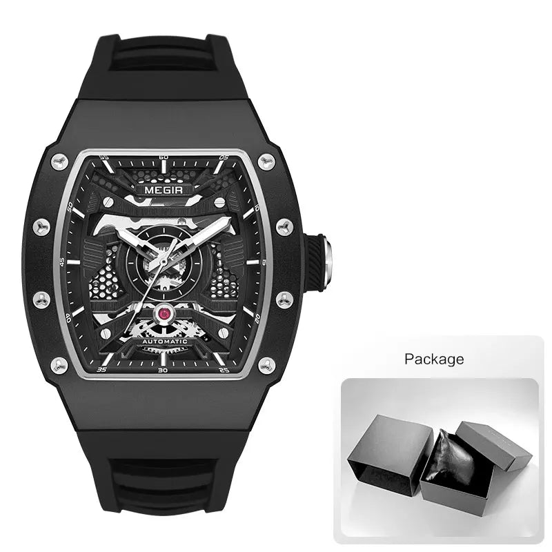 MEGIR Men's Automatic Mechanical Watch with Stainless Steel Case Sillicone Strap Fashion Waterproof Luminous Wristwatch 8604