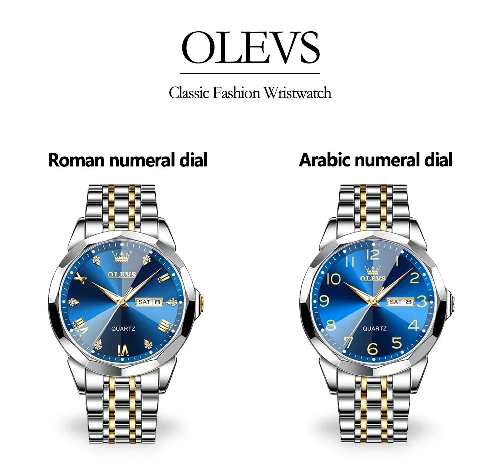OLEVS Men's Watches Rhombus Mirror Original Quartz Watch for Man Waterproof Luminous Stainless Steel Wristwatch Male Date Week