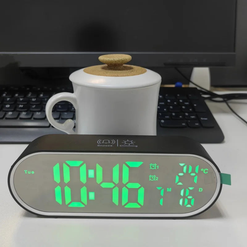Rechargeable Digital Alarm Clock TEMP Date Week 2 Alarms Night Mode Snooze 12/24H Anti-disturb Voice Control LED Mirror Clock