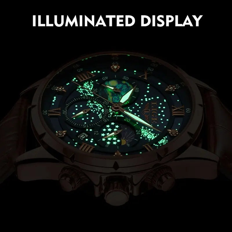 LIGE 2024 Men’s Luxury Genuine Leather Sports Military Quartz Watch with Date