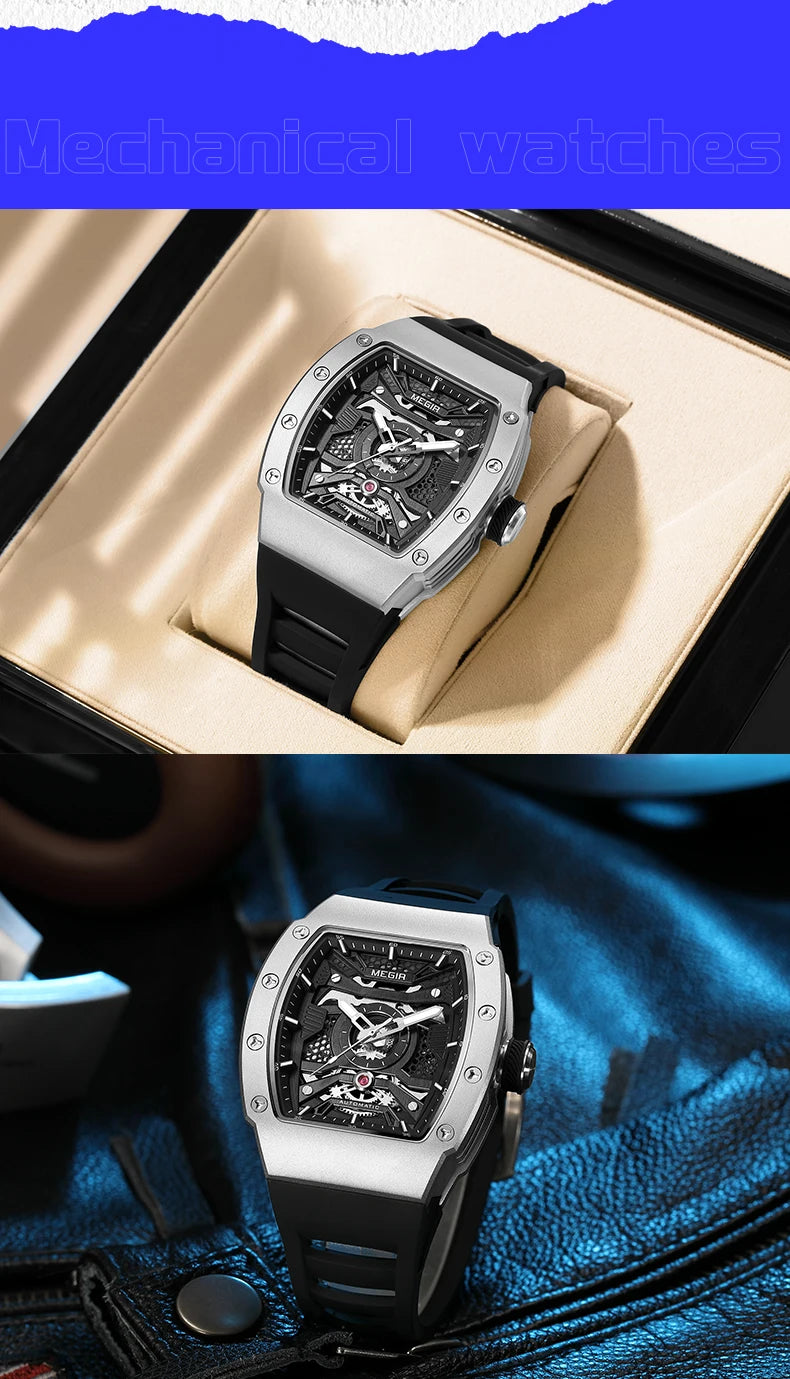 MEGIR Men's Automatic Mechanical Watch with Stainless Steel Case Sillicone Strap Fashion Waterproof Luminous Wristwatch 8604