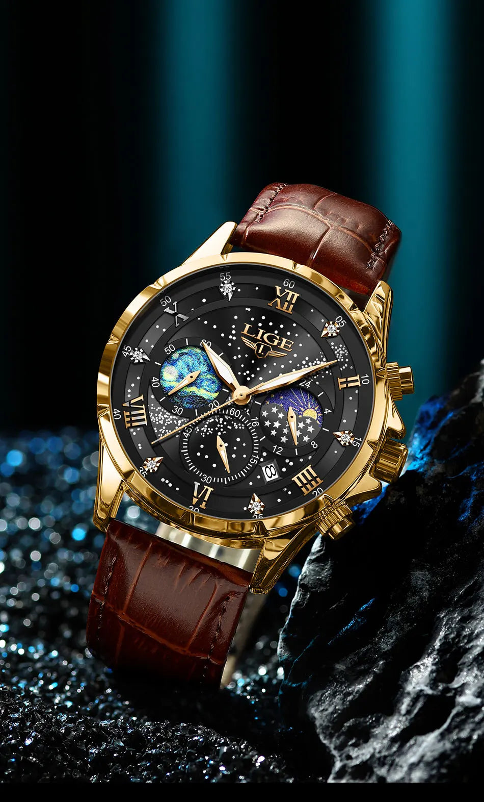 LIGE 2024 Men’s Luxury Genuine Leather Sports Military Quartz Watch with Date