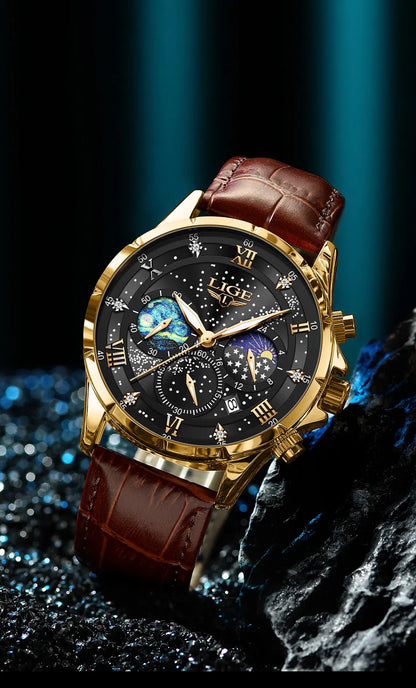LIGE 2024 Men’s Luxury Genuine Leather Sports Military Quartz Watch with Date