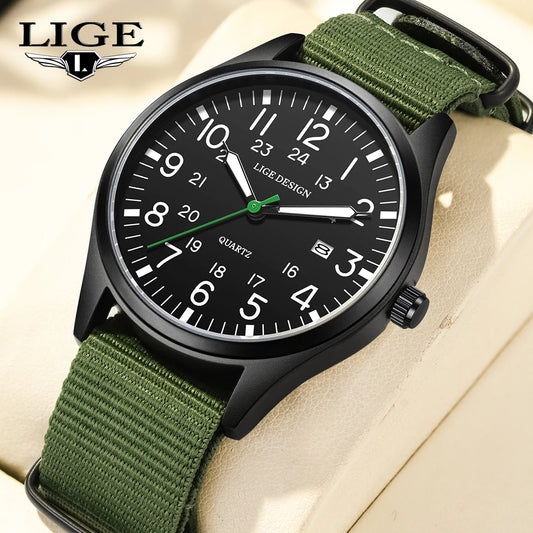 LIGE Luxury Military Quartz Watch for Men – Waterproof, Luminous, Nylon Leather Strap, Date Display