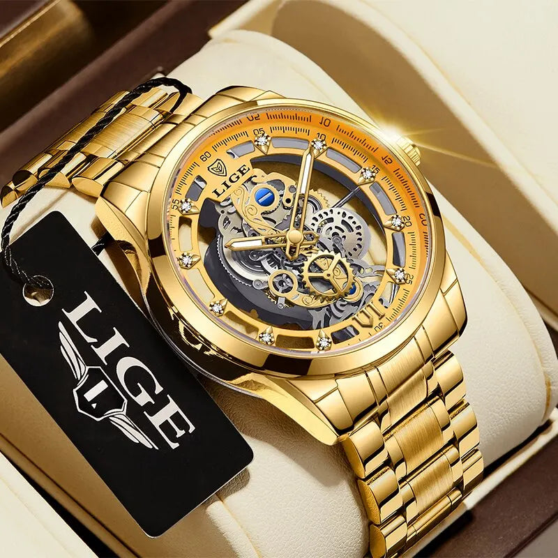 LIGE Men's Skeleton Quartz Watch – Luxury Retro Gold Wristwatch, Stainless Steel, Waterproof, Casual/Formal