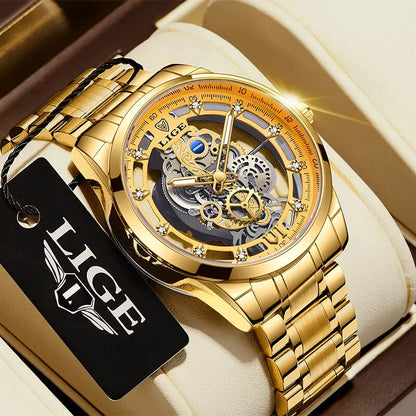 LIGE Men's Skeleton Quartz Watch – Luxury Retro Gold Wristwatch, Stainless Steel, Waterproof, Casual/Formal