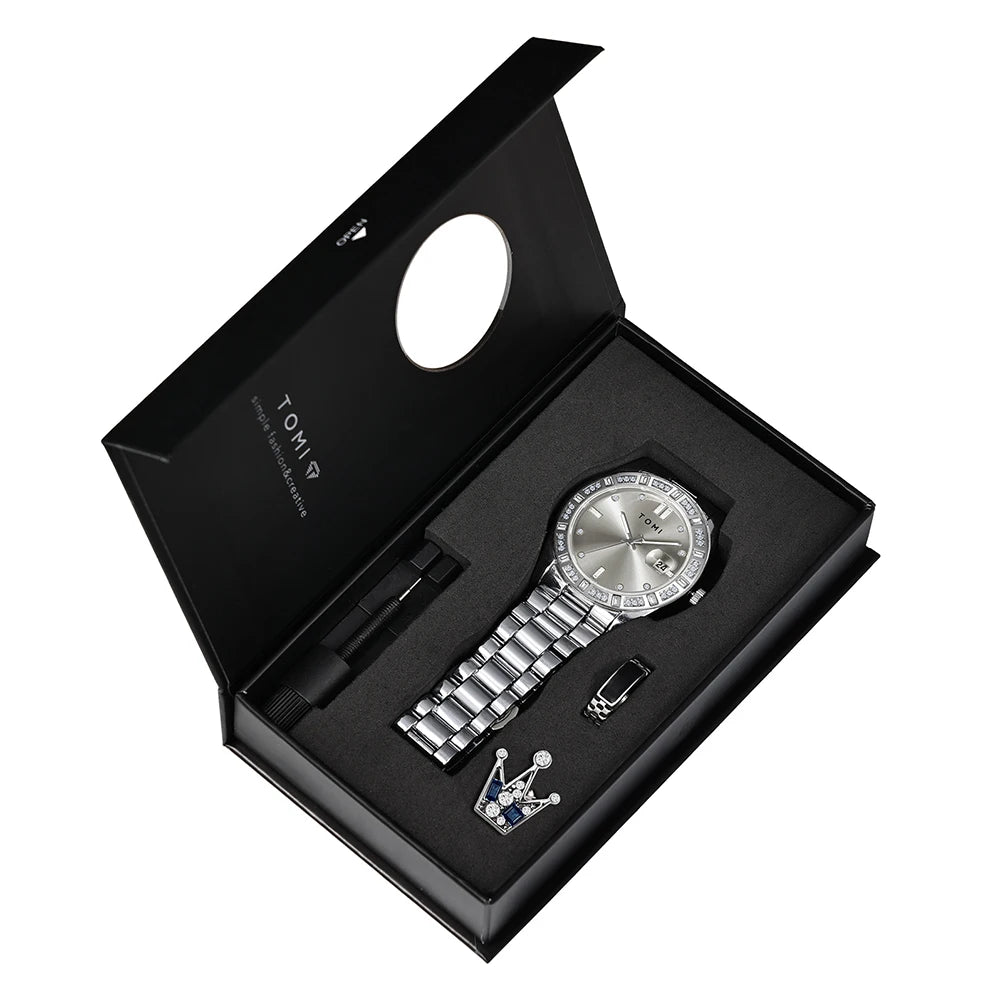 TOMI 4PCS Luxury Business Men's Watch Gift Box Set Luxury Diamond Case Calendar Stainless Steel Strap Quartz Watch Men's Clock