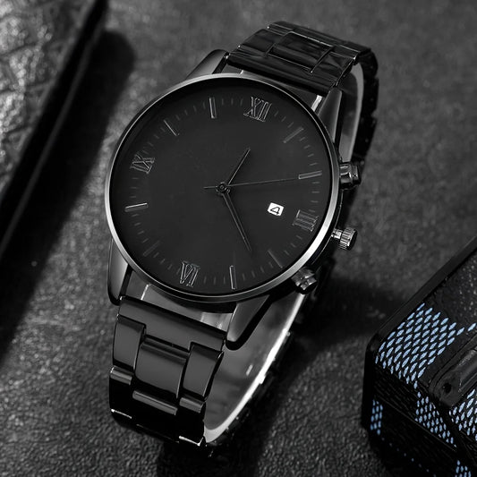 Luxorive Essential Gift Set – 4‑Piece Men's Black Calendar Quartz Watch + Cross Necklace, Ring & Bracelet