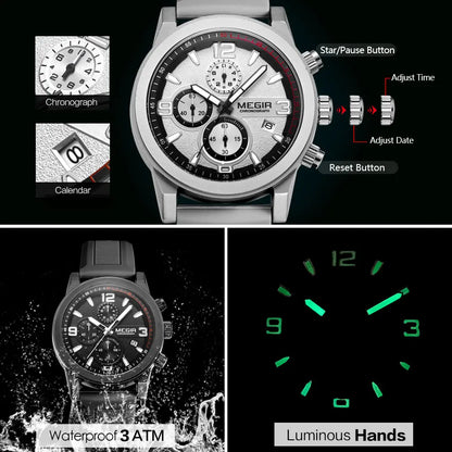 MEGIR 2026 Sport Analog mens watches Fashion Military Silicone Chronograph Quartz Wristwatch reloj de hombre Luminous Hands