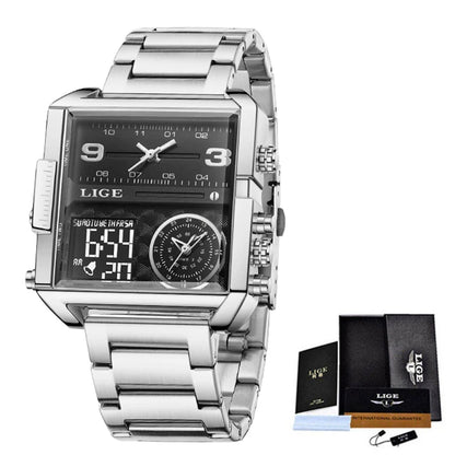 LIGE Men’s Black Steel Digital Dual Display Sports Chronograph – Waterproof Quartz Military Watch