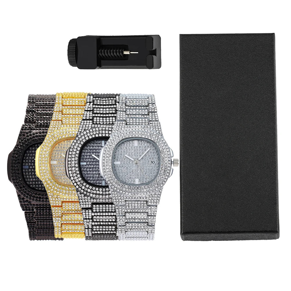 Men Women Quartz Watch Iced Out Hip-hop Punk Full Diamonds Wrist Watch Bundled Size Adjuster Stylish Party Jewelry Gift Box