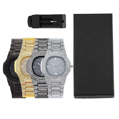 Men Women Quartz Watch Iced Out Hip-hop Punk Full Diamonds Wrist Watch Bundled Size Adjuster Stylish Party Jewelry Gift Box