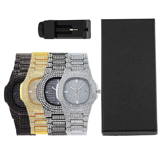 Men Women Quartz Watch Iced Out Hip-hop Punk Full Diamonds Wrist Watch Bundled Size Adjuster Stylish Party Jewelry Gift Box