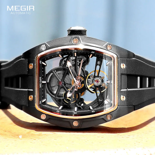 Luxorive MEGIR 2242 – Automatic Tonneau Dial Men’s Watch | Black Silicone Strap | Luminous Sport Design
