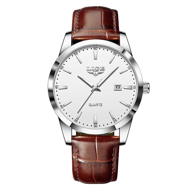 LIGE Men’s Brown Leather Military Sports Quartz Watch – Casual Waterproof Chronograph