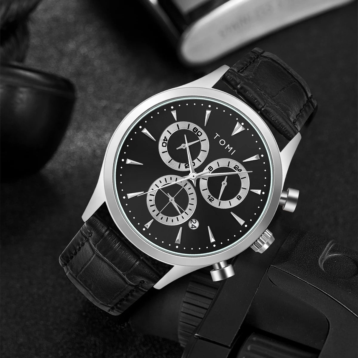 TOMI 4PCS Set Luxury Business Men's Quartz Watch Casual Fashion Versatile Watch Men's Cufflinks Tie Clip Watch Festival Gift