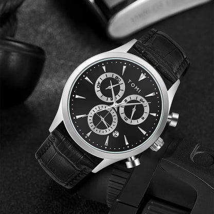 TOMI 4PCS Set Luxury Business Men's Quartz Watch Casual Fashion Versatile Watch Men's Cufflinks Tie Clip Watch Festival Gift