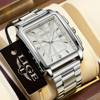 LIGE Men’s Luxury Square Sport Watch – Waterproof Business Military Quartz Chronograph