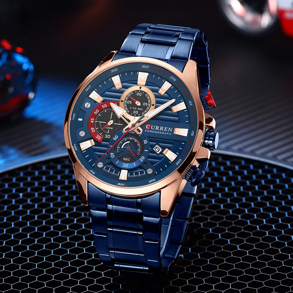 CURREN Men’s Sports Casual Quartz Watch – Stainless Steel Chronograph with Auto Date