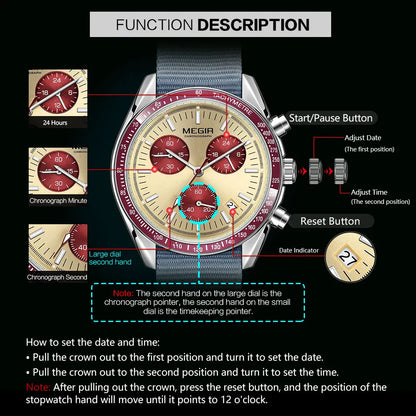 MEGIR New Men's Nylon Braided Strap Waterproof Night-light Sports Quartz Watch with Chronograph Fashion Triple-eye Wristwatch wi