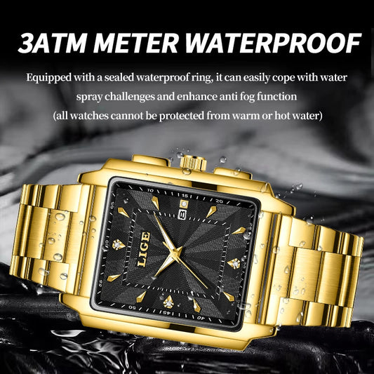 LIGE Men’s Luxury Square Sport Watch – Waterproof Business Military Quartz Chronograph