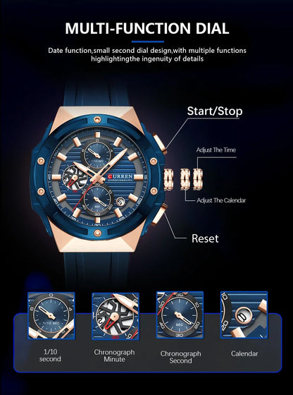 CURREN Multifunctional Sports Chronograph Quartz Watch – Silicone Strap with Luminous Hands