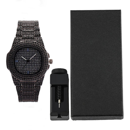 Men Women Quartz Watch Iced Out Hip-hop Punk Full Diamonds Wrist Watch Bundled Size Adjuster Stylish Party Jewelry Gift Box