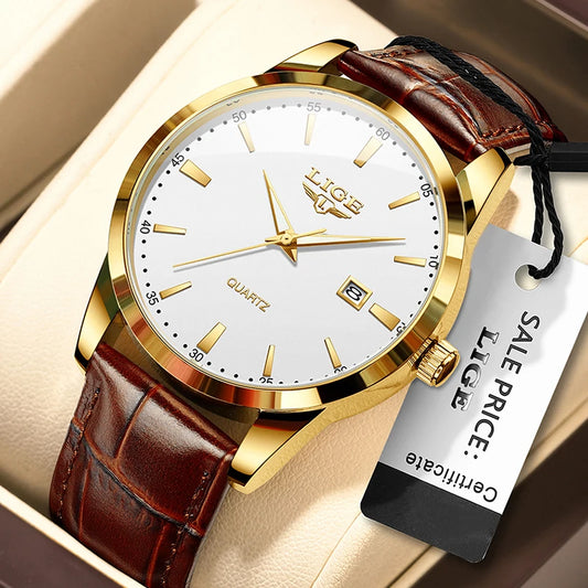 LIGE Men’s Brown Leather Military Sports Quartz Watch – Casual Waterproof Chronograph