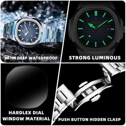 PENGAGAR Luxury Watch Business 50 ATM Waterproof Male Clock Luminous Date Stainless Steel Square Quartz Men Watches reloj hombre