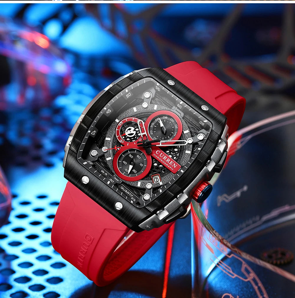 CURREN Square Business Sport Watch – Large Dial Quartz Wristwatch with Silicone Band & Luminous Hands