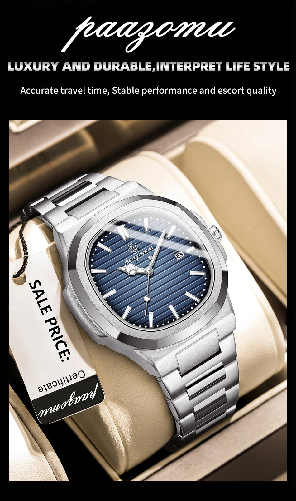 PENGAGAR Luxury Watch Business 50 ATM Waterproof Male Clock Luminous Date Stainless Steel Square Quartz Men Watches reloj hombre
