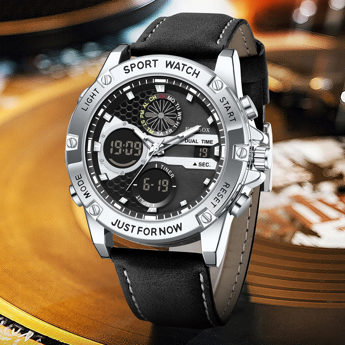 LIGE Men’s Outdoor Sport Watch – Leather Strap, Dual Digital Display, Waterproof & Luminous