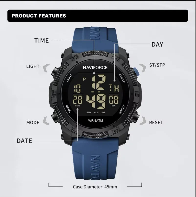 NAVIFORCE Men's Fashion LCD Digital Wristwatch 50m Waterproof Sports Silicone Strap Watches for Man Casual Electronic Male Clock