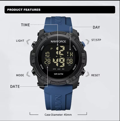 NAVIFORCE Men's Fashion LCD Digital Wristwatch 50m Waterproof Sports Silicone Strap Watches for Man Casual Electronic Male Clock