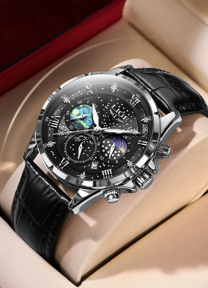 LIGE 2024 Men’s Luxury Genuine Leather Sports Military Quartz Watch with Date