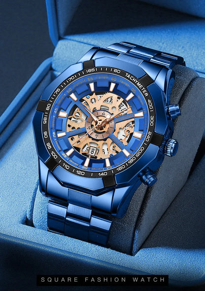 Luxorive BlueCore X – 2025 Luxury Skeleton Steel Watch for Men