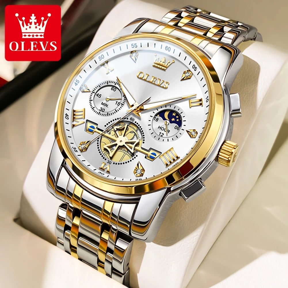 OLEVS Luxury Flywheel Design Couple Wristwatch Chronograph Waterproof Moon Phase Watch Brand Original Quartz Watch for Men Women