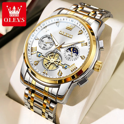 OLEVS Luxury Flywheel Design Couple Wristwatch Chronograph Waterproof Moon Phase Watch Brand Original Quartz Watch for Men Women