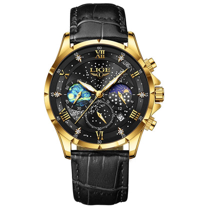 LIGE 2024 Men’s Luxury Genuine Leather Sports Military Quartz Watch with Date