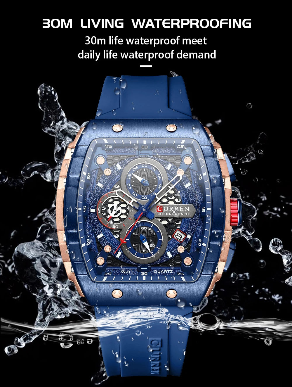 CURREN Square Business Sport Watch – Large Dial Quartz Wristwatch with Silicone Band & Luminous Hands