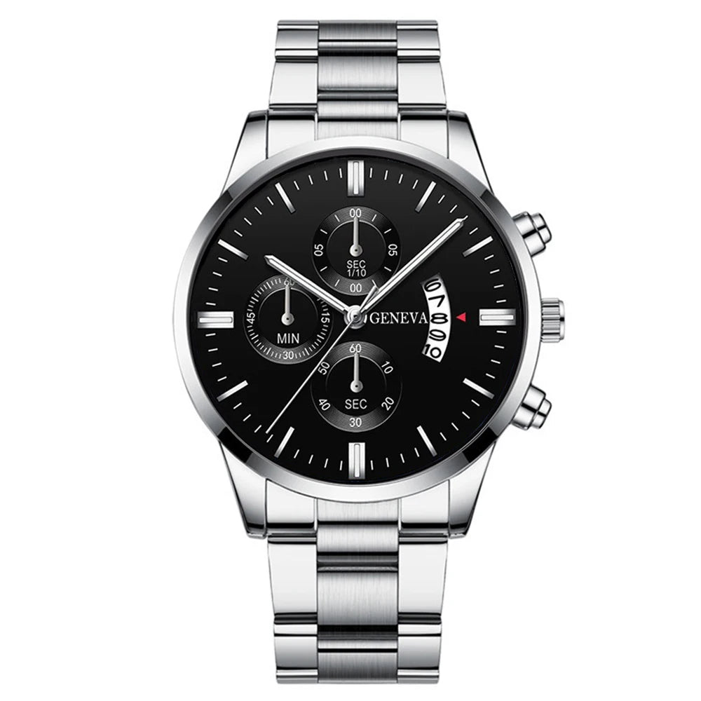 Luxorive Classic Trio – Men's Stainless Steel Calendar Quartz Watch Set (3‑Piece, No Box)