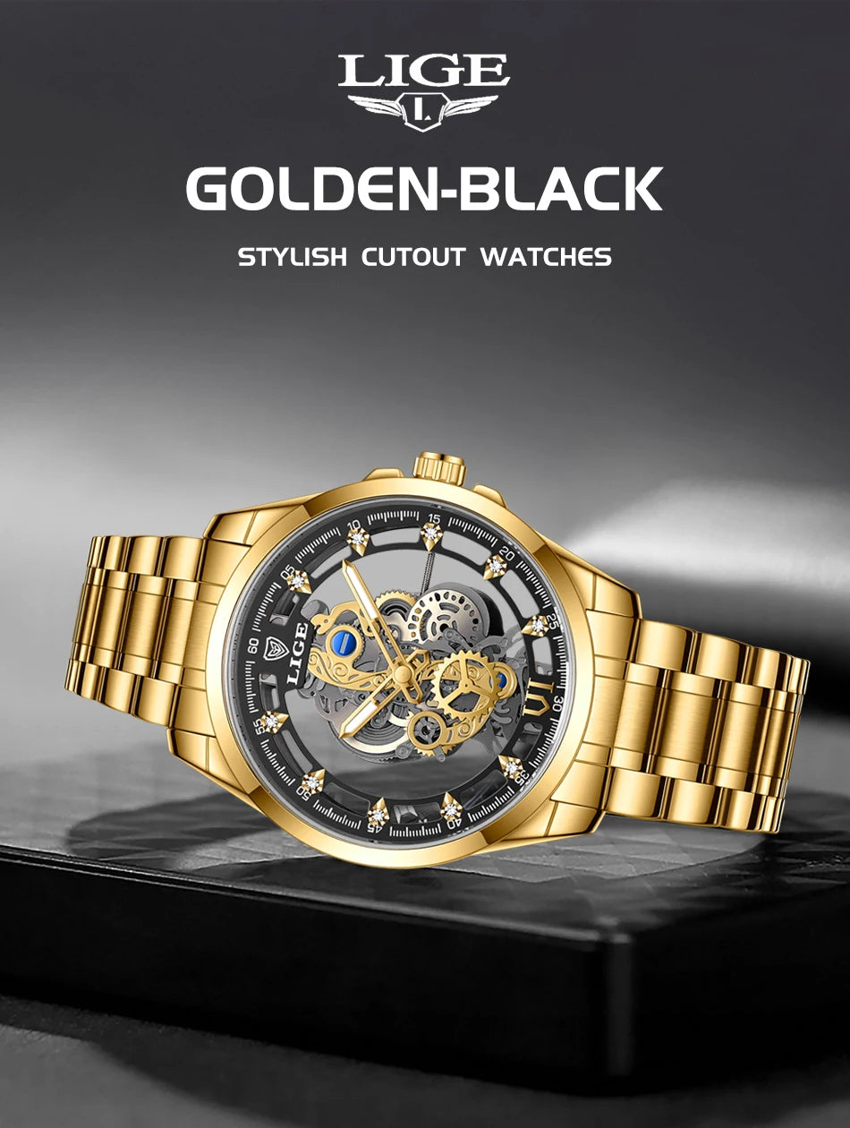LIGE Men's Skeleton Quartz Watch – Luxury Retro Gold Wristwatch, Stainless Steel, Waterproof, Casual/Formal