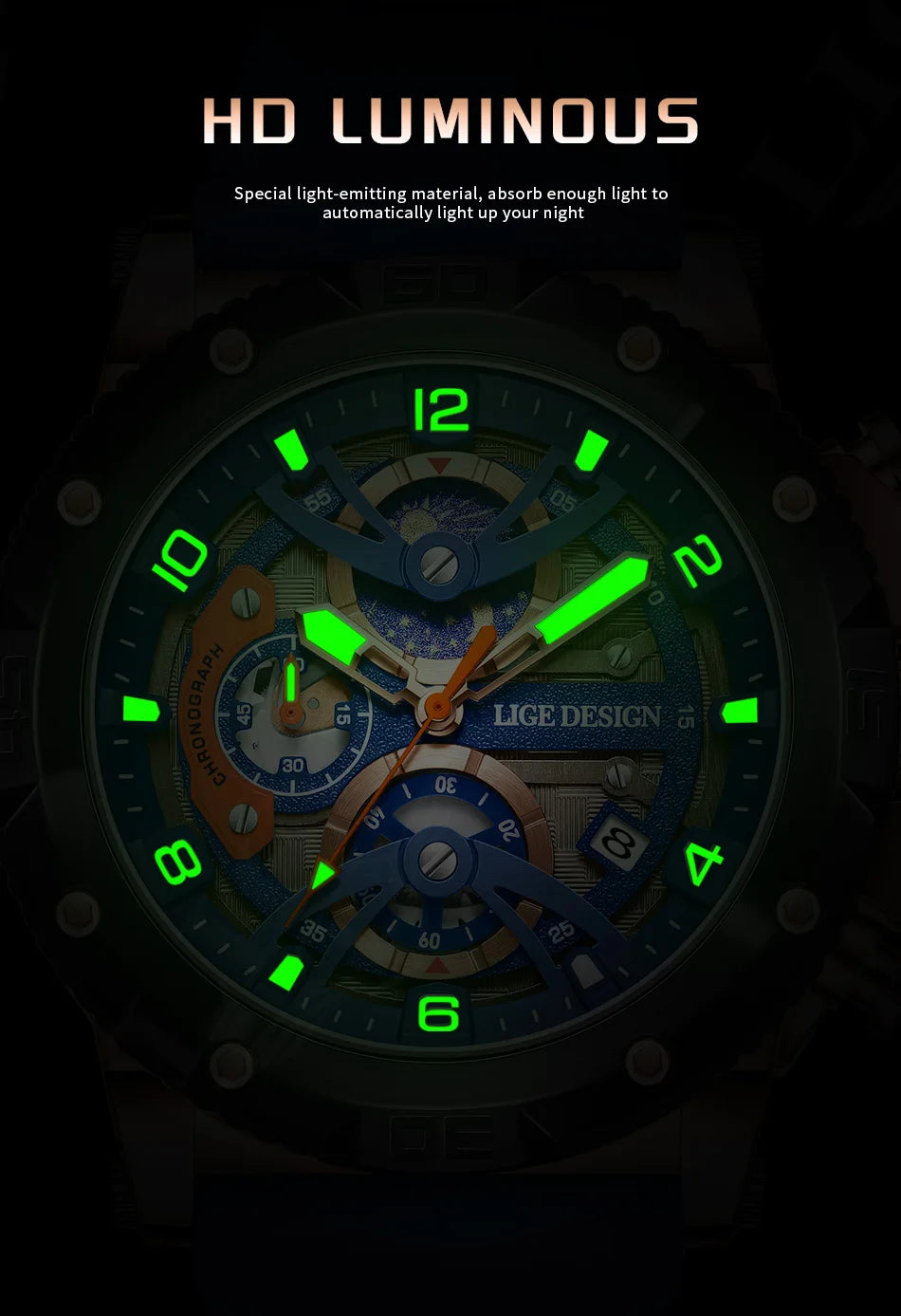 LIGE Sports Chronograph is a premium-quality men’s wristwatch featuring a rugged design with real chronograph sub-dials, made for active and style-conscious individuals.
