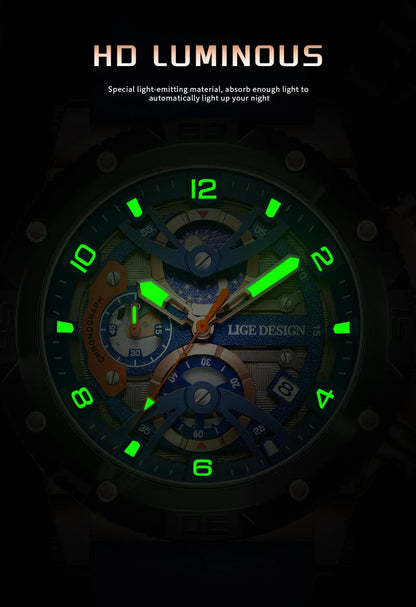 LIGE Sports Chronograph is a premium-quality men’s wristwatch featuring a rugged design with real chronograph sub-dials, made for active and style-conscious individuals.